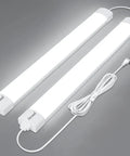 Two Pack Linkable LED Shop Lights 2ft And 4ft Waterproof Tubes 5000K shown with power cord and plug for under cabinet use