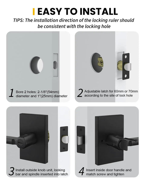 Straight Up Matte Black Interior Door Handles For Bedroom And Bathroom Privacy Lever With Keyless Push Button Lock Adjustable Reversible Mechanism Four Pack installation guide for easy setup.