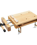 Rock Solid Portable Workbench And Hard Woodworking Vise Desktop Table Featuring G Type Fixing Clips Limit Blocks with smooth beech top view.