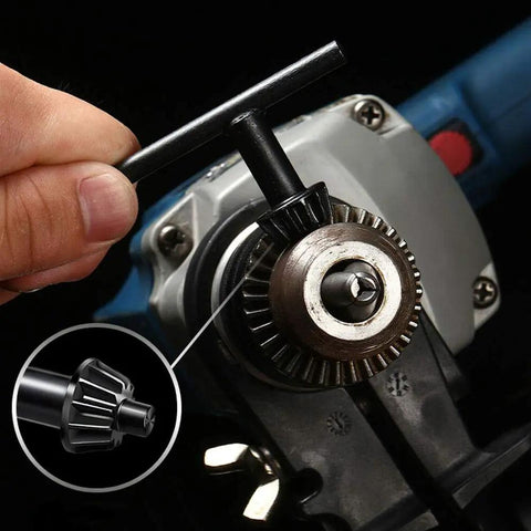 Game Changer 1 2 Inch Drill Chuck Adapter With Quick Swap Hex Drive and Wrench being used to tighten a drill chuck.
