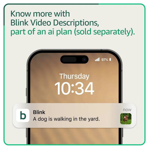 Smartphone displaying Blink app notification about a dog walking in the yard, showcasing outdoor security features.