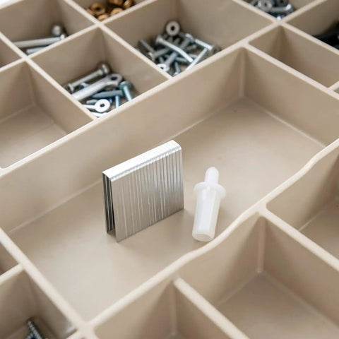 No Sweat Heavy Duty 30 Piece Shutter Tilt Rod Pins And Wooden Blind Hardware Repair Kit With Stainless Steel Fasteners For Interior Window Treatment White, includes metal and plastic components in storage.