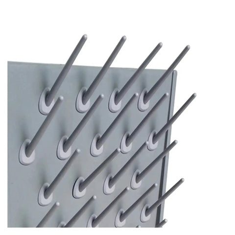 Super Cool Chemical Lab Draining Rack With 27 Pegs Crafted From Durrrr Food Grade Polypropylene In Sleek Grey for drying test tubes.