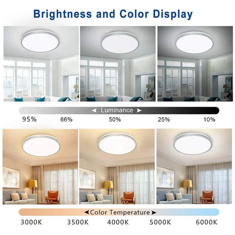 35W Dimmable LED Round Flush Mount Ceiling Light With Remote displayed in various brightness and color temperature modes