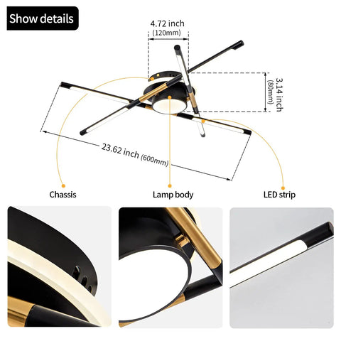 Diagram of Industrial Sputnik Ceiling Light Fixture with measurements and close-ups of black and gold LED tubes