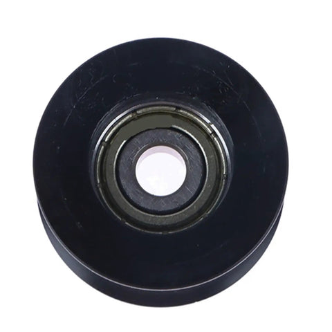 One Piece Heavy Duty Nylon Pom Pulley Wheel With Grippy Rubber Coating U Shaped Groove Track For Zero Friction Sliding Doors And Drawer Hardware Smooth Rolling Black Bearing Assembly close-up view.