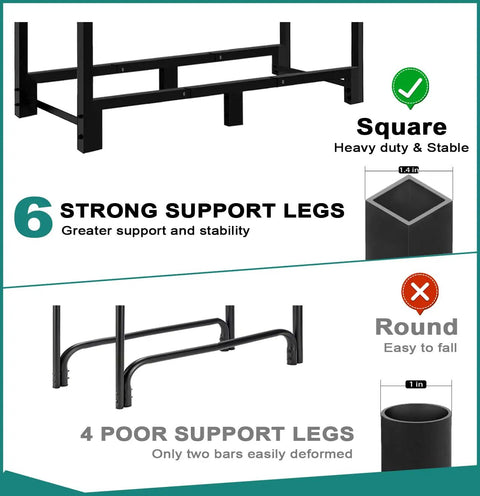 Comparison of square support legs vs round with Heavy Duty 4 Foot Firewood Rack For Indoor And Outdoor Use, stable structure shown.