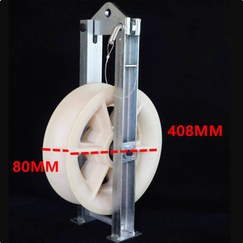 Railway Cable Pulley Block Featuring Slick Nylon Wheel And Hella Sturdy Galvanized Steel Channel Housing For Smooth Overhead Line Tracking And Heavy Wire Pulling Tasks, side view with dimensions shown.