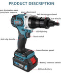 Heavy Duty Cordless Rivet Nut Gun And Nut Runner Wrench With 5200 Mah Battery features LED light and anti-slip handle.