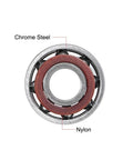 Rock Solid Chromium Steel 7000AC Angular Contact Ball Bearings 10x26x8mm showing chrome steel and nylon components.