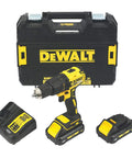 Heavy Duty 18V Cordless Hammer Drill Brushless Motor Kit With Two 3.0 Ah Lithium Ion Batteries And Compact Design in a case.