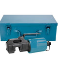 Heavy Hitter Zero Hassle Electric Hydraulic Rebar Shear And Cable Crimping Pliers in a blue storage case for site use.