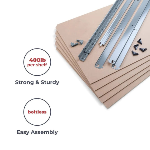 Heavy Duty 5 Tier Galvanized Steel Garage Shelving Unit With 2000 Lb Per Bay Capacity, 400 Lb Per Shelf, Boltless Assembly components shown