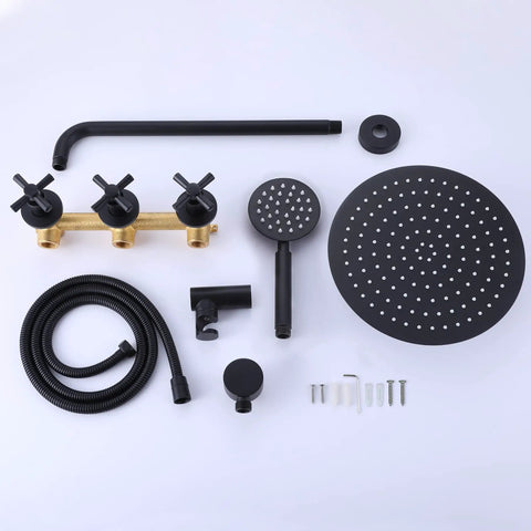 Three-Handle Wall Mounted Shower System With High Pressure 10-Inch Rain Shower Head And Handheld Sprayer, Complete Valve With Trim In Brushed Nickel components laid out.