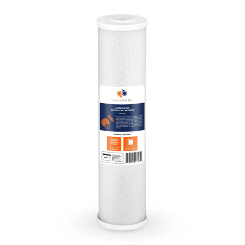 4.5 X 20 Inch Carbon Block Filter Cartridge, 5 Micron Coconut Shell CTO, labeled for whole house water filtration.