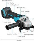 Hella Tough Corded Angle Grinder Designed For Badass Cutting Grinding And Polishing On Metal Wood Stone And Jade With Smooth Speed Control And Built In Cooling showcasing gear adjustment and aluminum head shell.