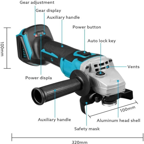 Hella Tough Corded Angle Grinder Designed For Badass Cutting Grinding And Polishing On Metal Wood Stone And Jade With Smooth Speed Control And Built In Cooling showcasing gear adjustment and aluminum head shell.