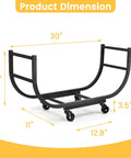 Heavy Duty Firewood Rack With Casters For Indoor Or Outdoor Use Matte Black Wood Carrier On Wheels with dimensions labeled