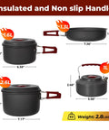 Lightweight Backpacking Camping Cookware Set For Two To Four People with pots, pan, kettle and dimensions shown