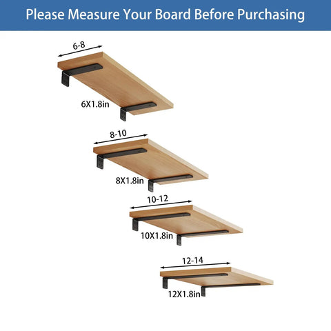 Heavy Duty 10 Inch Shelf Brackets 6 Pack Black Metal L Brackets For Wall Mount showing different board sizes 6x1.8 to 12x1.8 inches.