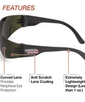 Solid As Nails Anti Scratch Welding Safety Glasses With IR 5 Infrared Protection And ANSI Z87 Plus Impact Resistance For Tough Grinding Plasma Oxyfuel Cutting Jobs Featuring Durable Polycarbonate Lenses And Clean Black Frame showing curved lenses and lightweight design.