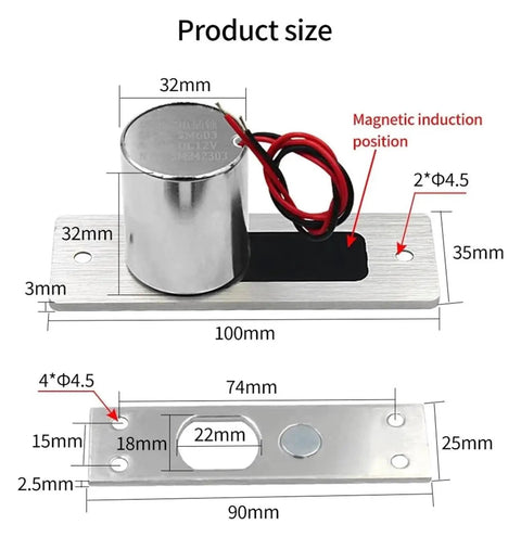 Heavy Duty DC 12V Electronic Drop NC Door Lock With Magnetic Induction Deadbolt dimensions and design details for secure installation.