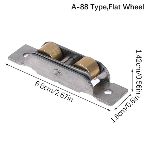 Slick Stainless Steel Sliding Door Rollers Double Wheel Groove Pulley Track Hardware Kickass Durability For Window Slider Replacement Bottom Support Carriage No Brainer Swap, A-88 type flat wheel with brass components.