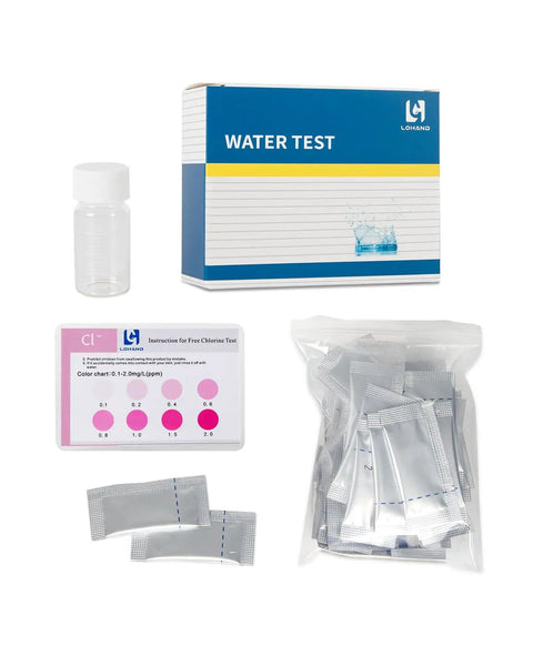 Top Tier Free Chlorine Test Kit Boasting Fifty Rapid Action Tabs And Dead Easy Color Chart For Pool Spa And Well Water Analysis, includes test kit components.