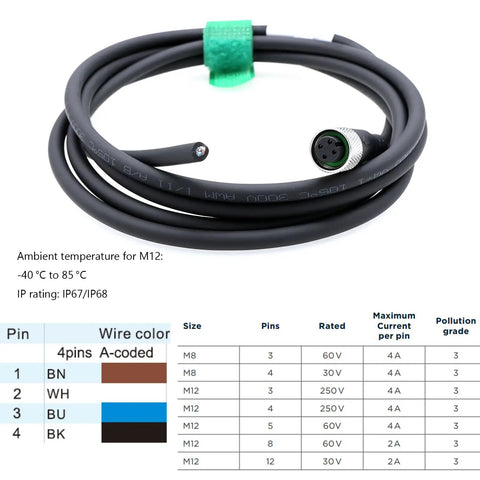 M12 A Coded 4 Pin Female Shielded Cable With Bare Wire Leads For Actuator Sensor Encoder And Industrial Automation DeviceNet CANopen IO Link Profibus 3m, showing coiled cable and connector