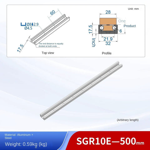 SgR10e 500Mm Linear Guide Rail Kit paired with two SgB10e3 sealed ball bearing blocks, top view of rail assembly design.