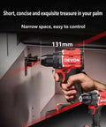 Heavy Duty 20V Brushless Cordless Impact Drill With Killer 55 Nm Torque And Two Speed Variable Control Featuring A Bone Solid 10 Mm Keyless Chuck Paired With A Long Lasting 4 Ah Battery That Crushes Demanding Jobs Effortlessly held in hand, showing close-up of 131mm keyless chuck design.