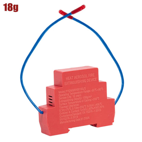 Automatic Fire Extinguisher 18G Aerosol Spray Kit Self Triggering Thermal Sensor Tech showcasing a compact red unit with blue wire.