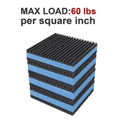 Kick Back The Shake With Killer Blue Eva Rubber Anti Vibration Pads stacked, showing 60 lbs max load, designed for heavy-duty equipment.
