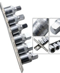 Dang Solid 6 Piece Oil Drain Socket Set With Half Inch Drive And Steel Wrench Kit Boasting 8 To 14 Millimeter Sizes For Knock Out Transmission Repairs And No Sweat Fluid Work Daily, angled view of chrome vanadium sockets.