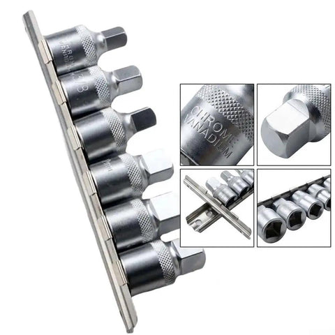 Dang Solid 6 Piece Oil Drain Socket Set With Half Inch Drive And Steel Wrench Kit Boasting 8 To 14 Millimeter Sizes For Knock Out Transmission Repairs And No Sweat Fluid Work Daily, angled view of chrome vanadium sockets.