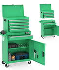 Built Tough Five Drawer Rolling Tool Chest With Lockable Heavy Duty Casters And Detachable Work Surface Plus Roomy Bottom Cabinet And Adjustable Metal Shelf For Mechanics And Garage Shops in green with open drawers and cabinet.