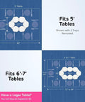Diagram showing Expandable Lazy Susan Turntable For Rectangular Dining Tables sizing for 5' and 6-7' tables with removable trays.