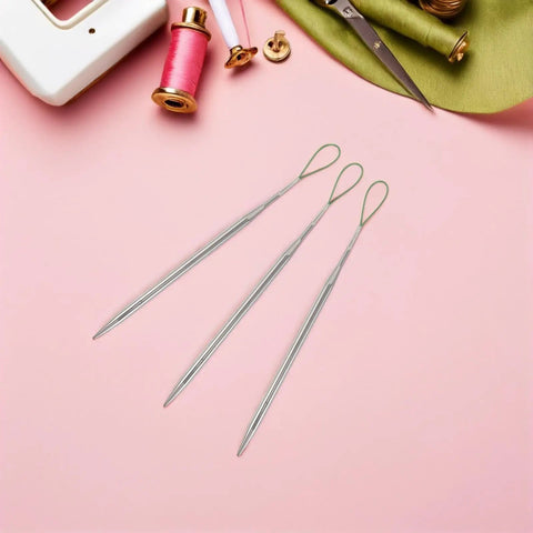 5 Piece Drawstring Threader Tool Set For Sewing With Sturdy Steel Construction And Effortless Threading Pro Grade Ideal For Cords Elastics And Ribbons In Waistbands Hoodies And Tote Bags Portable Backup For Your Everyday Sew Kit, three steel threaders on pink background