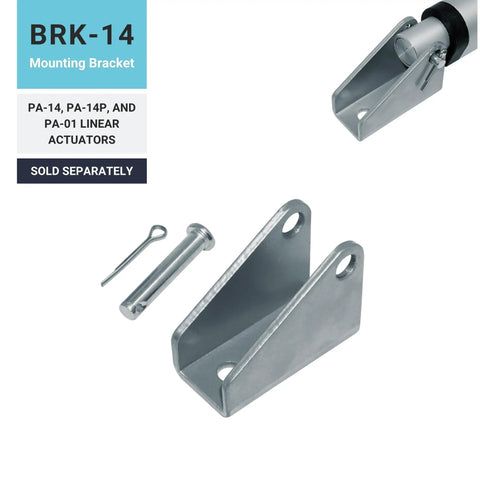 BRK-14 mounting bracket for linear actuators, includes pin and clip, made of metal for sturdy assembly.