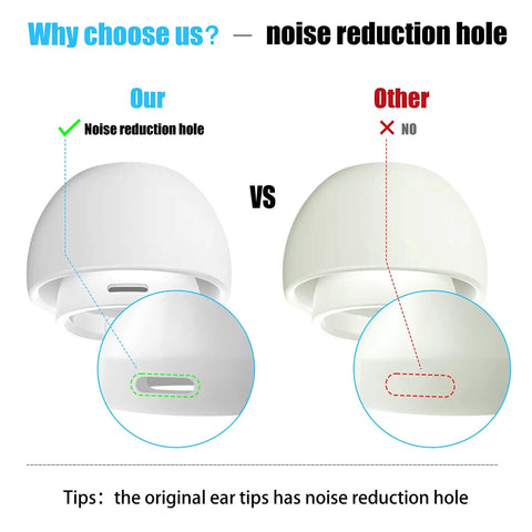 Comparison of Top Notch Replacement Ear Tips For Apple Airpods Pro 1St And 2Nd Generation showing noise reduction hole detail.
