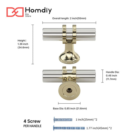 Image of 10 Pack Brushed Nickel Cabinet Knobs with silver gold accents, including dimensions and screw details for kitchen and bathroom use.