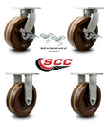 Eight Inch Phenolic Caster Set Extra Heavy Duty Top Plate industrial grade wheels with locking mechanism for heavy loads.