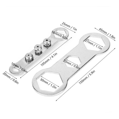 Metal components of Rivet Nut Gun Adapter Kit With Manual Handle For Drill Assisted Pulling And Screwing Applications, sizes shown