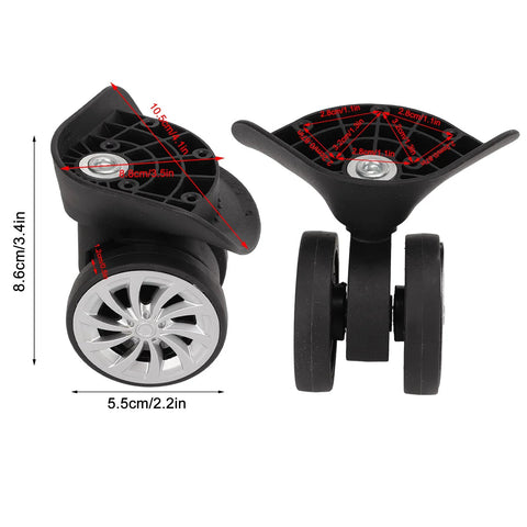 Durable Nylon Luggage Caster Wheels Replacement Pair, 360 Degree Swivel Suitcase Wheels for Travel, shown in front view with measurements.