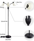 Dimensions of Three Light Modern Reading Floor Lamp With Adjustable Gooseneck 360 Degree Omnidirectional Lighting, black metal base, white shades.