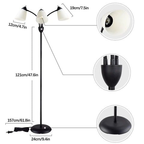 Dimensions of Three Light Modern Reading Floor Lamp With Adjustable Gooseneck 360 Degree Omnidirectional Lighting, black metal base, white shades.