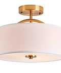 13 Inch Mid Century Modern Flush Mount Ceiling Light With Cream White Fabric Shade And Antique Brass Finish 3 Light Drum Fixture For Bedroom Dining Room Foyer And Kitchen