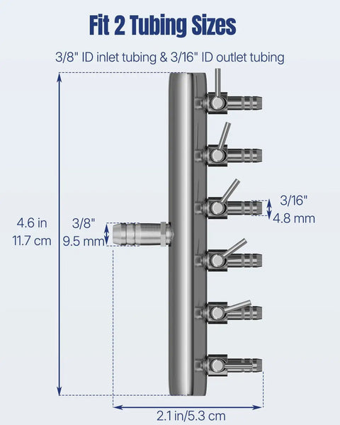 Kickstart Your Tank Game With This Smooth Six Way Aquarium Air Manifold Distributor showing dimensions and dual tubing sizes.