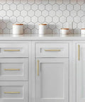 Sturdy As A Rock 10 Pack Premium Brushed Gold Cabinet Pulls 5 Inch 128Mm Hole Center on white kitchen cabinets.