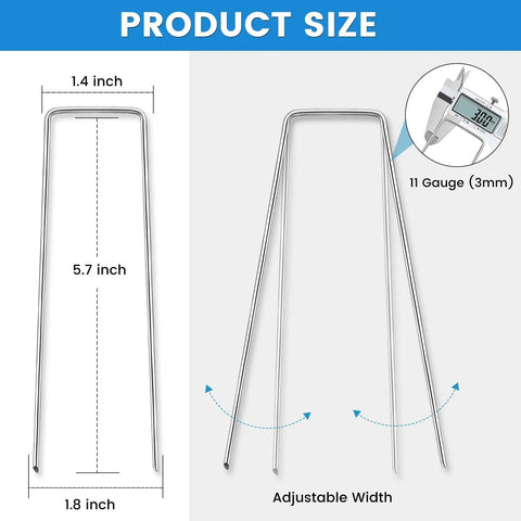 Heavy Duty Garden Stakes 50 Pack 6 Inch 11 Gauge Landscape Staples size diagram with measurements and adjustable width